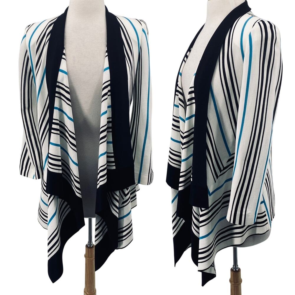 Misook Waterfall Open Front Draped Cardigan Sweater Striped White Black Blue